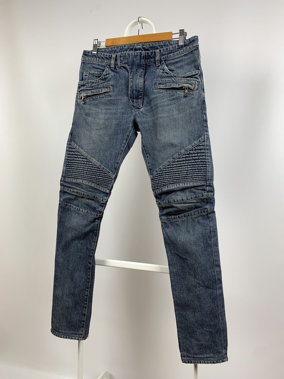 Balmain Paris Biker Blue Denim Skinny Jeans Pants