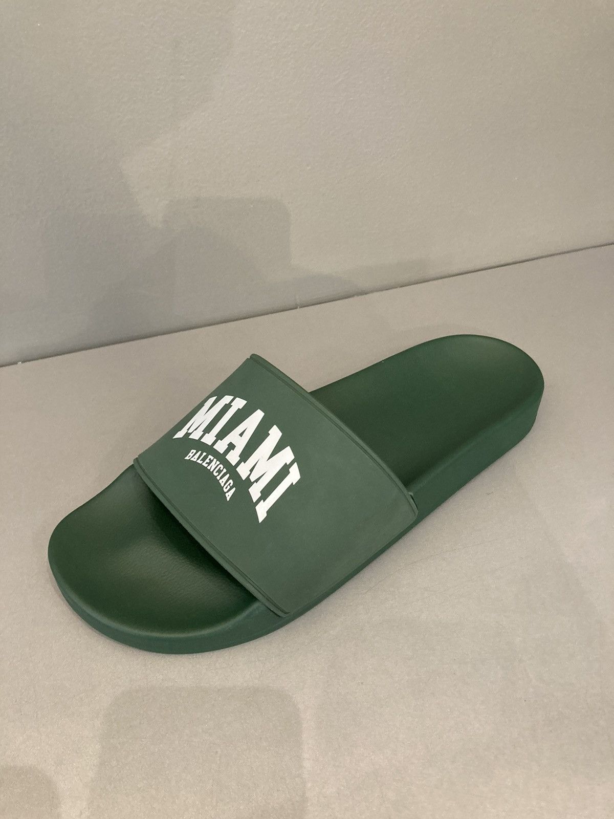 image of Balenciaga Miami Logo Slides In Green in Black, Men's (Size 10)