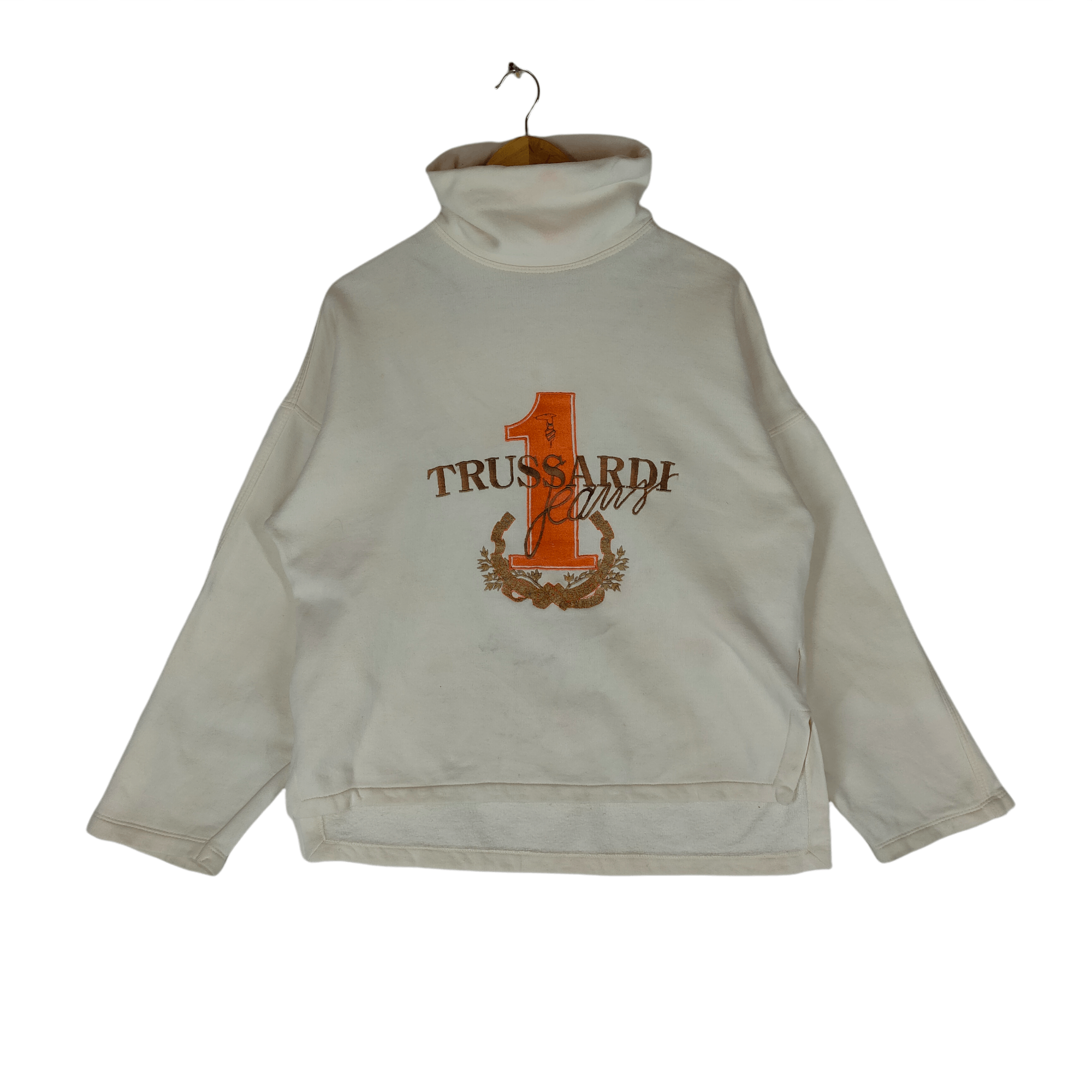 image of Italian Designers x Trussardi Vintage Trussardi Jeans Embroidery Turtle Neck Sweatshirt in Cream (S