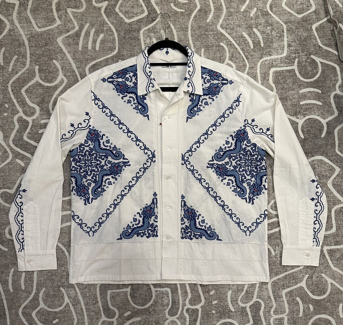 image of Bode Dragon Embroidered Button Up Shirt in White, Men's (Size Large)