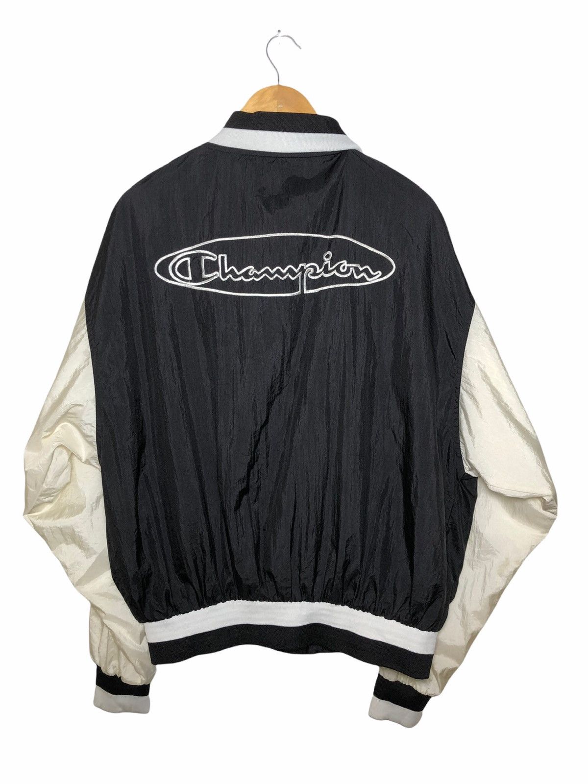 image of Vintage Champion Spellout Varsity Jacket in Black, Men's (Size XL)