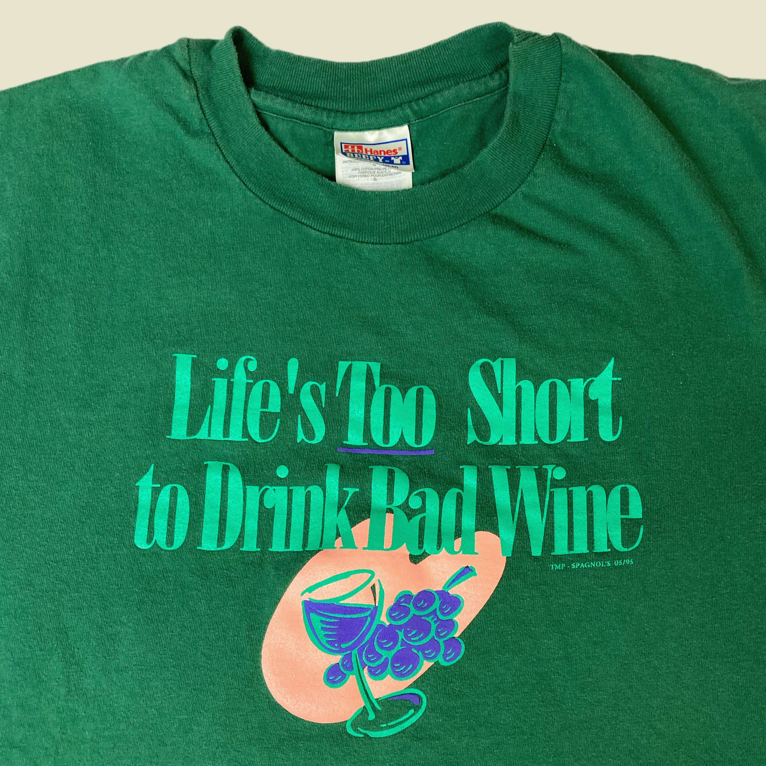 Hanes × Vintage Vintage 90s "Lifes Too Short To Drink Bad Wine" Hanes Beefy Size US L / EU 52-54 / 3 - 1 Thumbnail