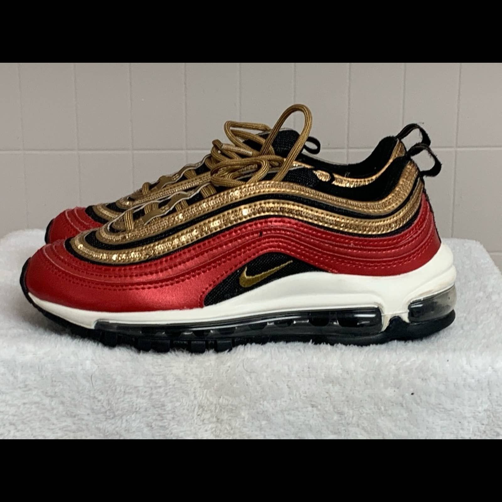 WOMENS NIKE AIR MAX 97 RED GOLD SEQUIN SHOES SIZE CLEAN
