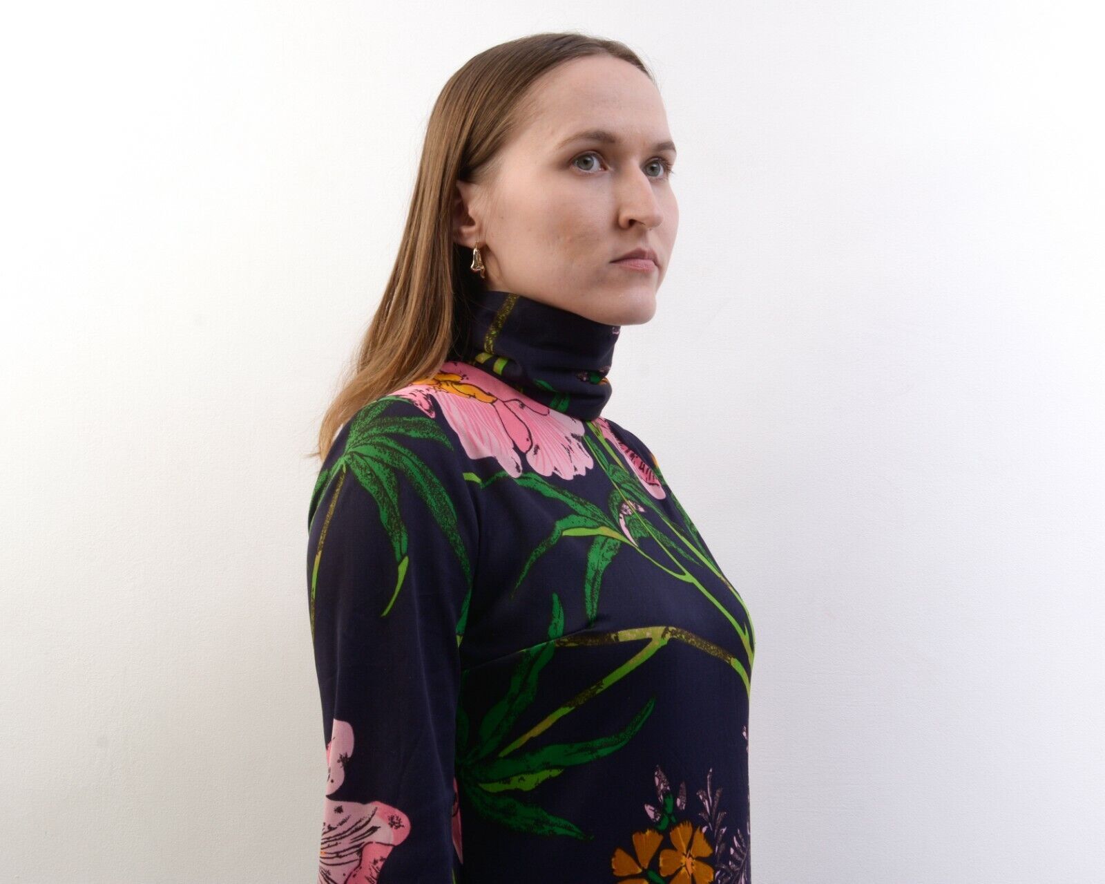 Other × Vintage Long Stretchy Dress Blue Flowers Maxi High Neck Long Sleeves Size M / US 6-8 / IT 42-44 - 5 Thumbnail