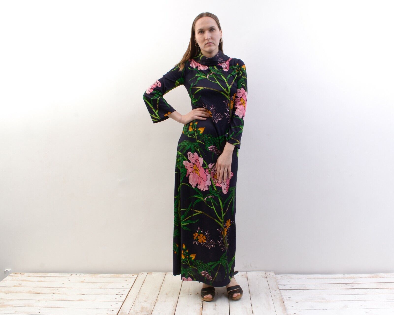 Other × Vintage Long Stretchy Dress Blue Flowers Maxi High Neck Long Sleeves Size M / US 6-8 / IT 42-44 - 2 Thumbnail