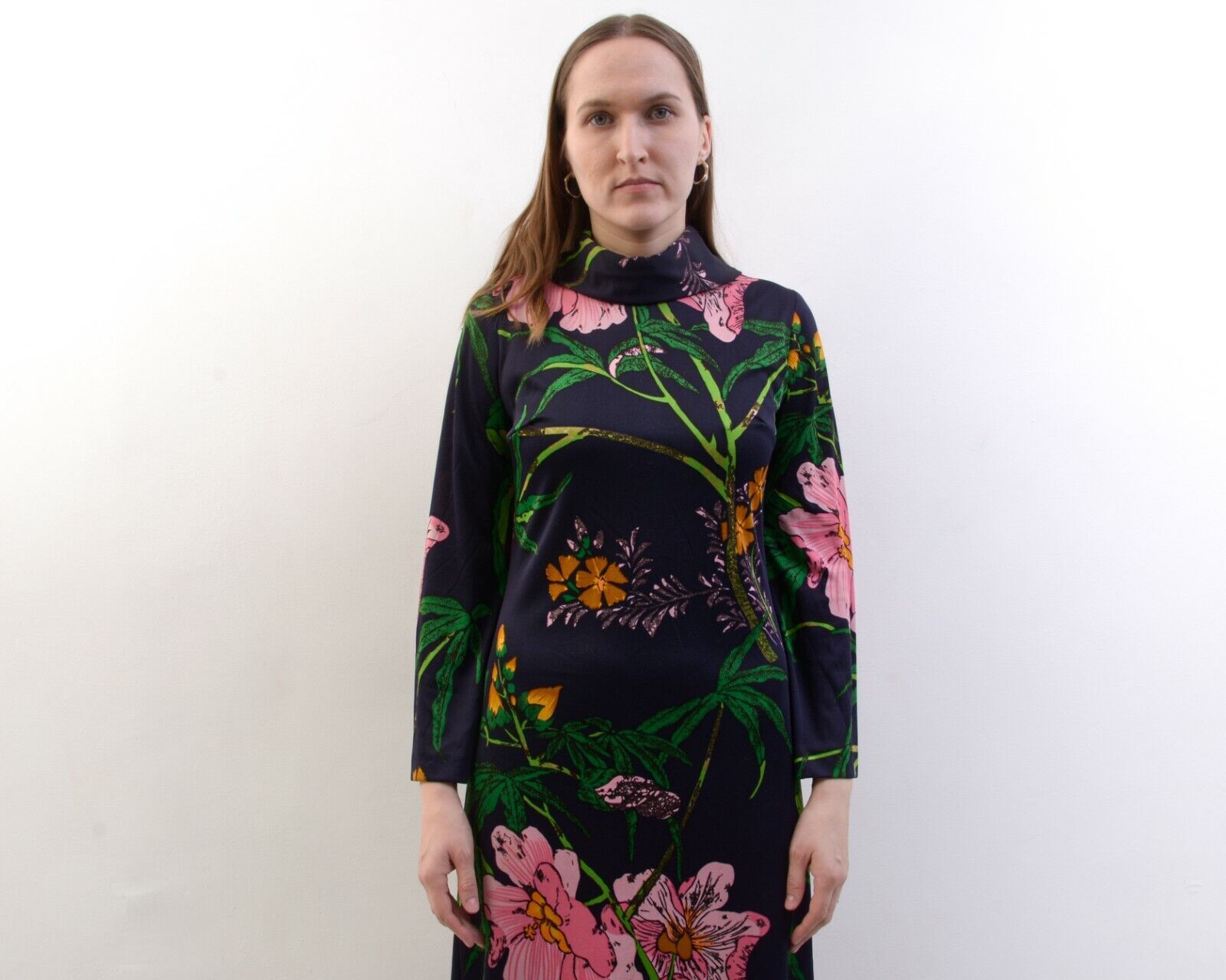 Other × Vintage Long Stretchy Dress Blue Flowers Maxi High Neck Long Sleeves Size M / US 6-8 / IT 42-44 - 4 Thumbnail
