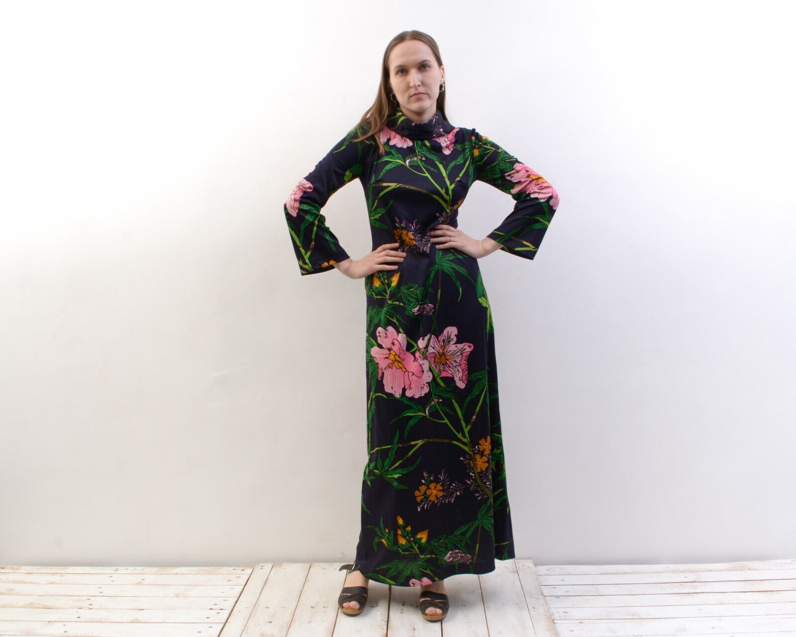 Other × Vintage Long Stretchy Dress Blue Flowers Maxi High Neck Long Sleeves Size M / US 6-8 / IT 42-44 - 1 Thumbnail
