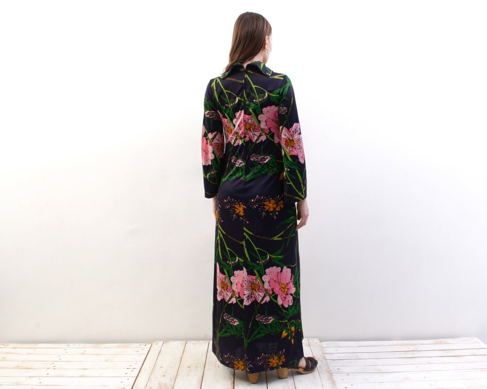 Other × Vintage Long Stretchy Dress Blue Flowers Maxi High Neck Long Sleeves Size M / US 6-8 / IT 42-44 - 3 Thumbnail