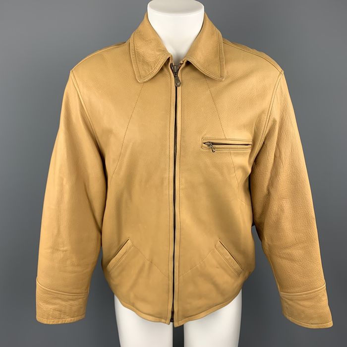 I. Magnin Khaki Textured Leather Zip Up Collared Jacket | Grailed