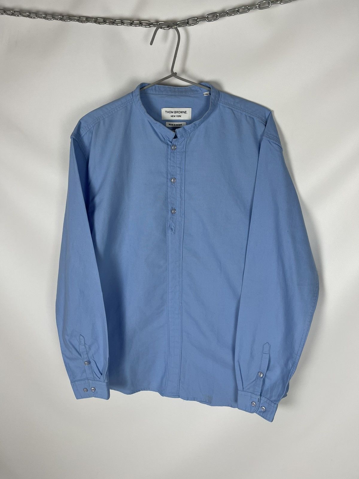 image of Thom Browne New York Blue Collarless Made In Ireland Shirt, Men's (Size XL)