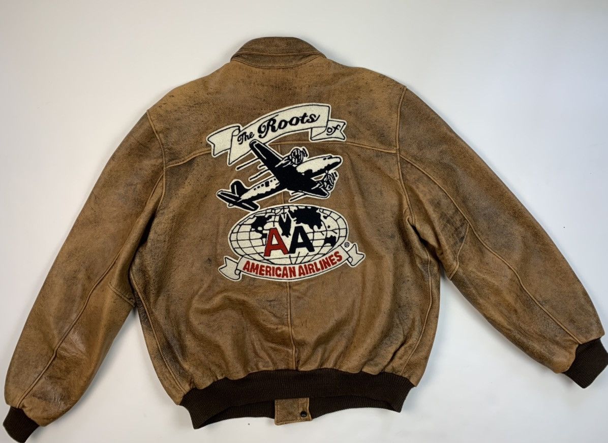 Roots Roots x American Airlines Brown Leather Flight Bomber Jacket ...