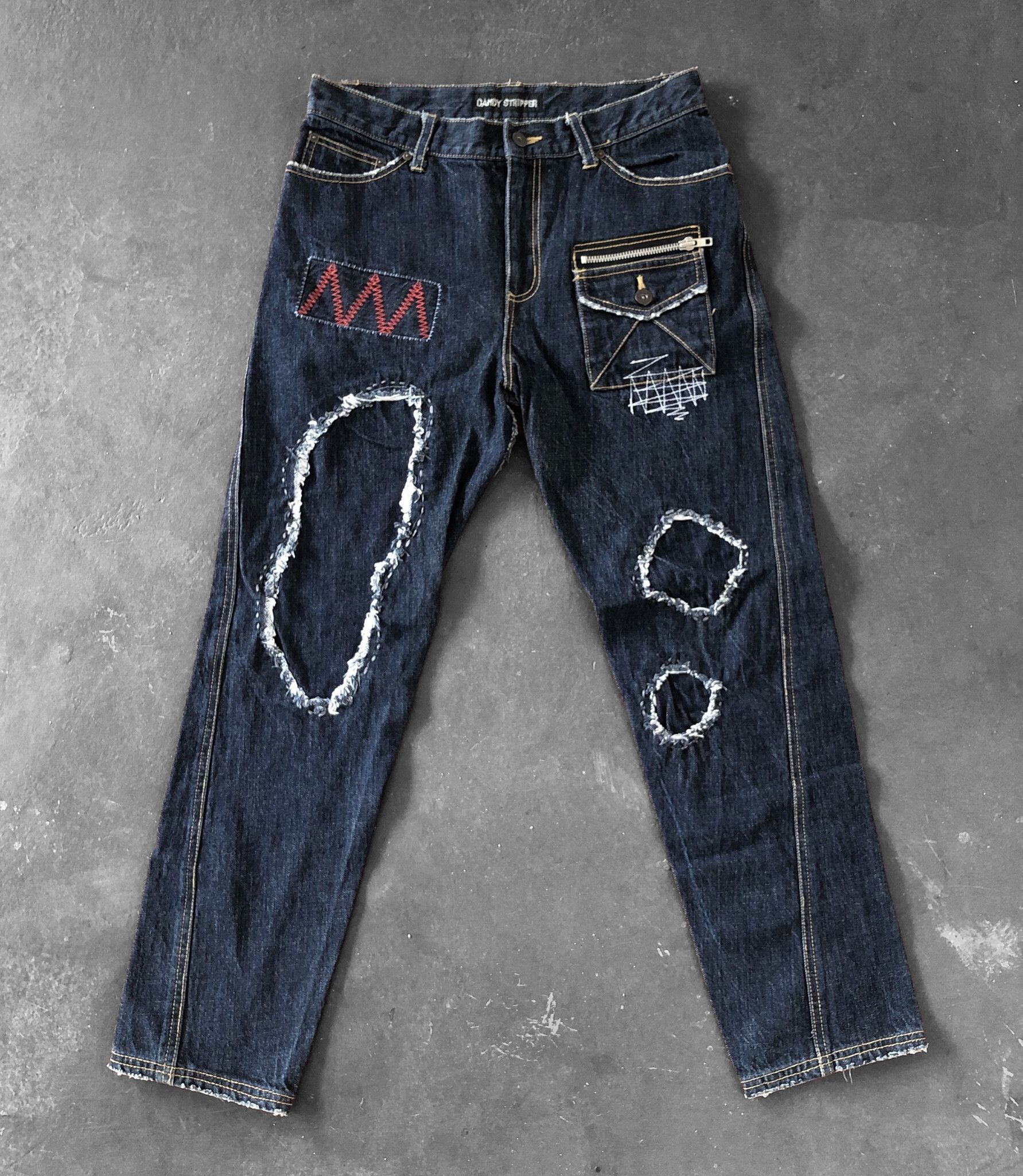 Japanese Brand CANDY STRIPPER SASHIKO BORO RIPPED INDIGO JEANS Size US 31 - 1 Thumbnail