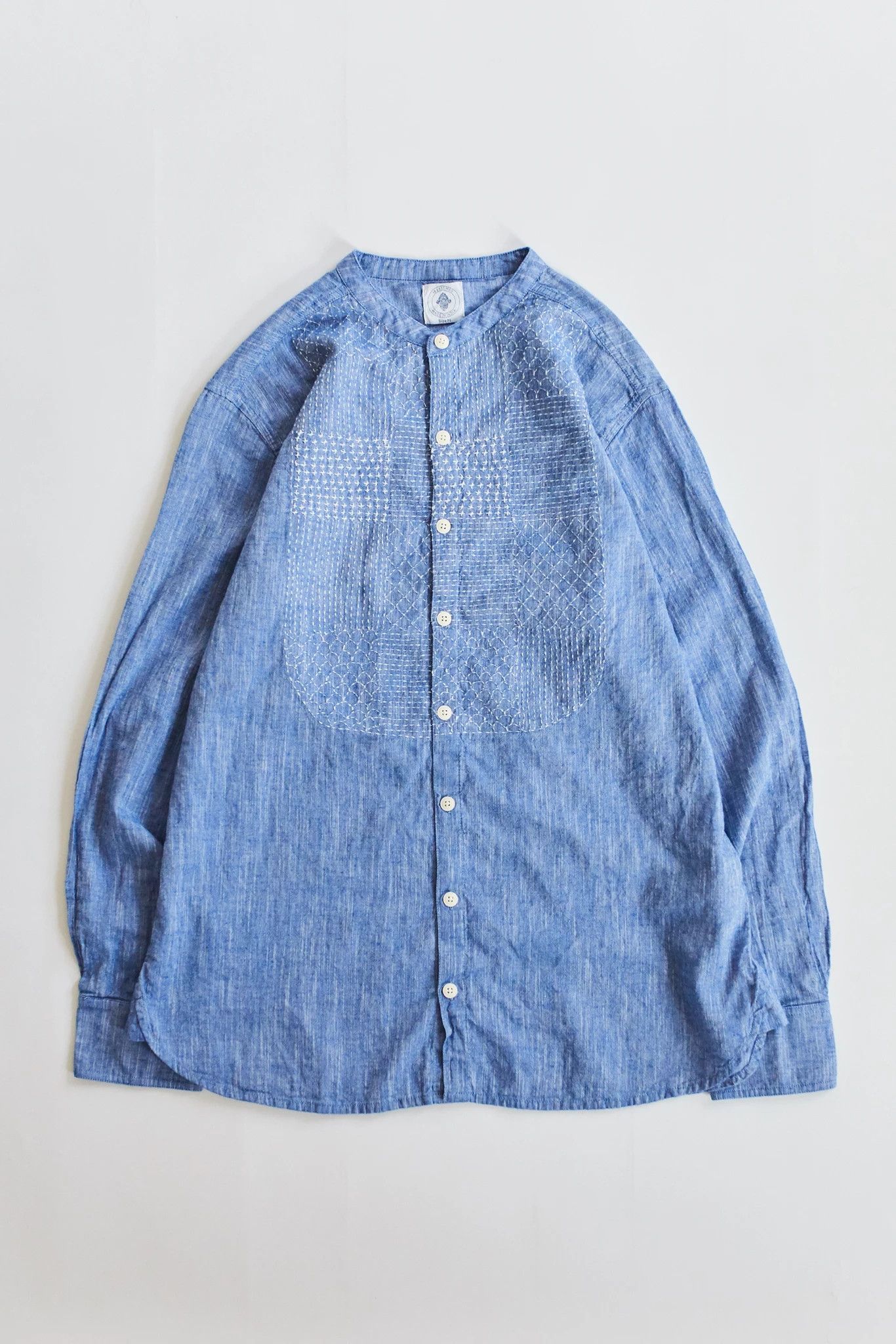 18 East Guardi Band Collar Shirt - Patchwork Kantha Indigo Chambray Size US XS / EU 42 / 0 - 1 Thumbnail