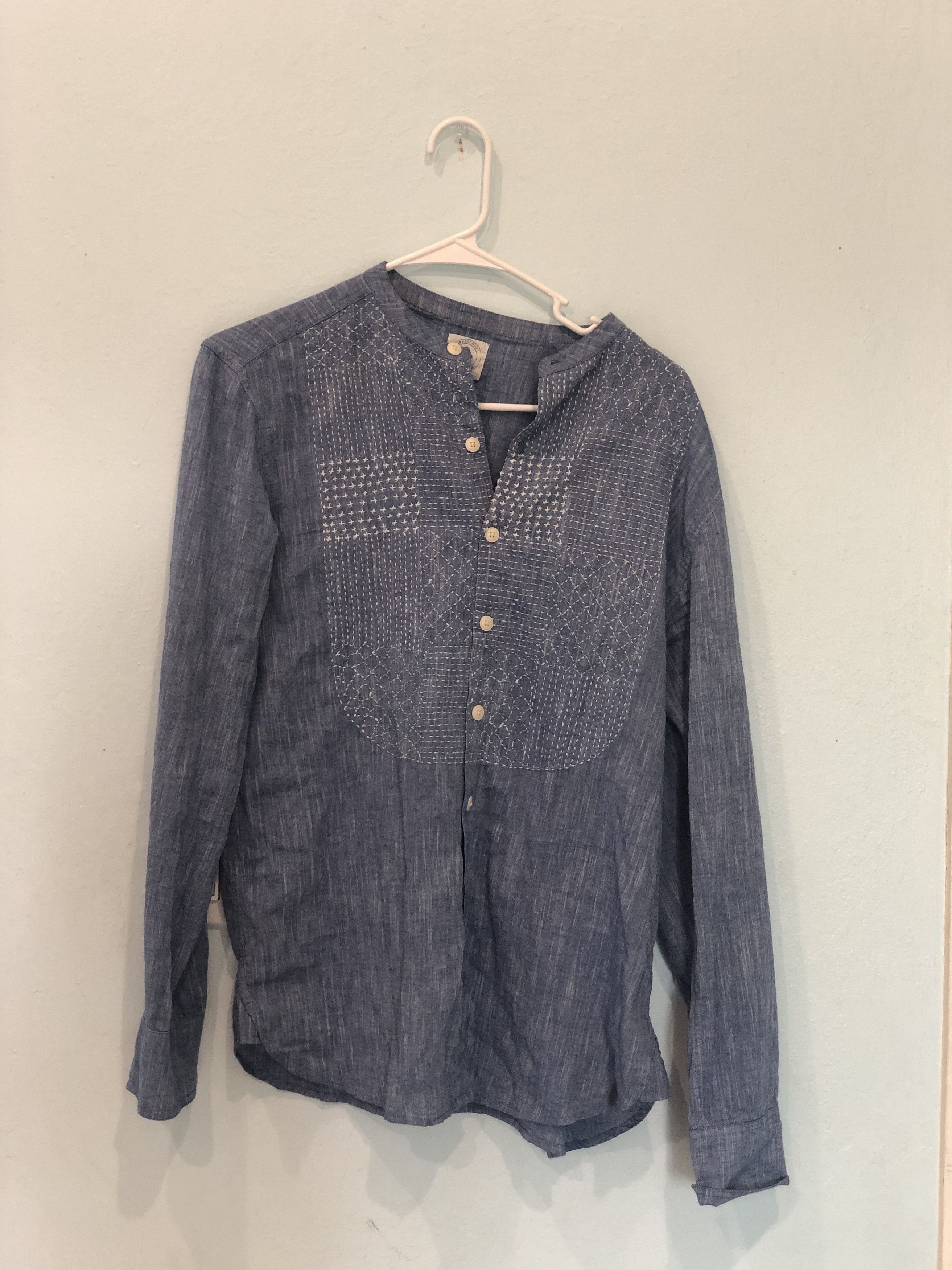 18 East Guardi Band Collar Shirt - Patchwork Kantha Indigo Chambray Size US XS / EU 42 / 0 - 4 Thumbnail