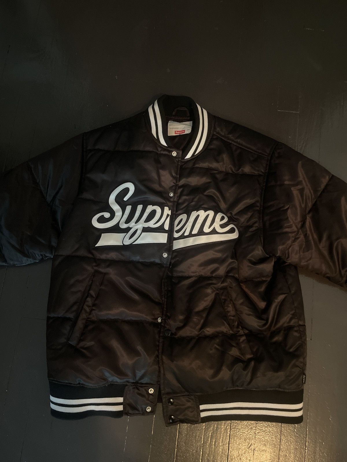 Supreme Script Varsity Puffy Jacket | Grailed