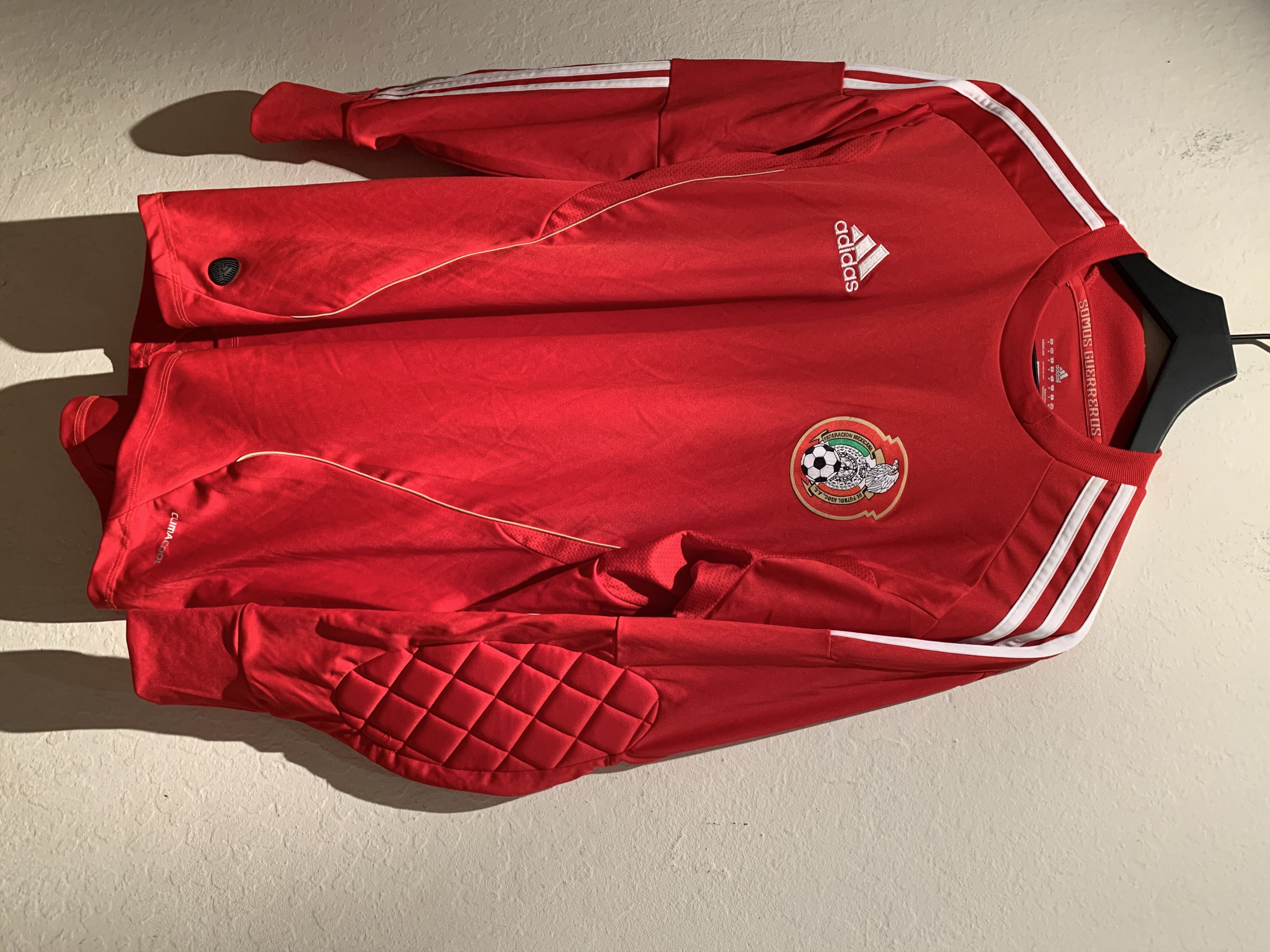 image of Vintage Adidas Mexican National Soccer Goalie Jersey in Red/White/Gold, Men's (Size Medium)