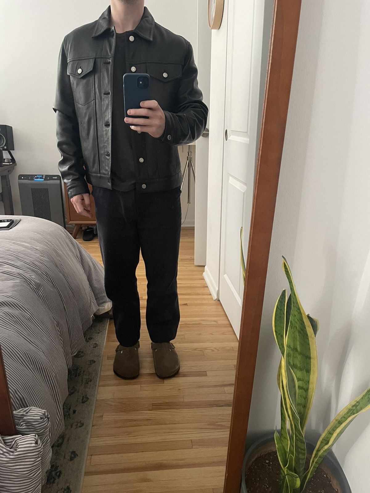Sandro leather trucker jacket store