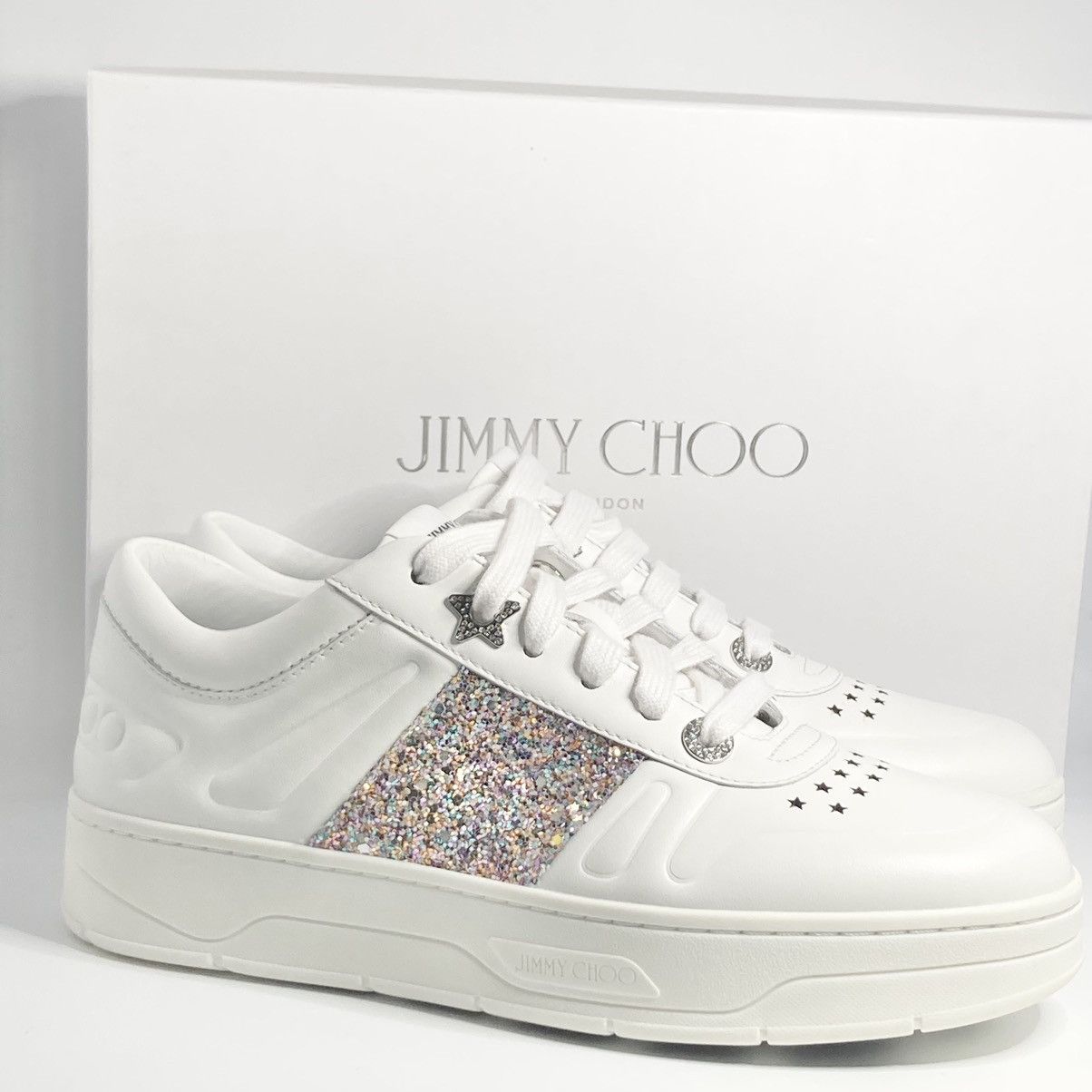 New Jimmy Choo Hawaii Glitter Leather Sneakers Size 37.5EU - Footwear