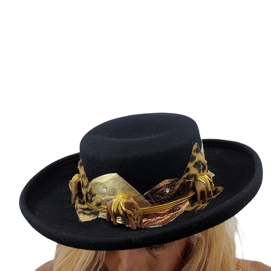 Vintage 50's Womens Sonni Hat Fedora Black Gold Animal Patch