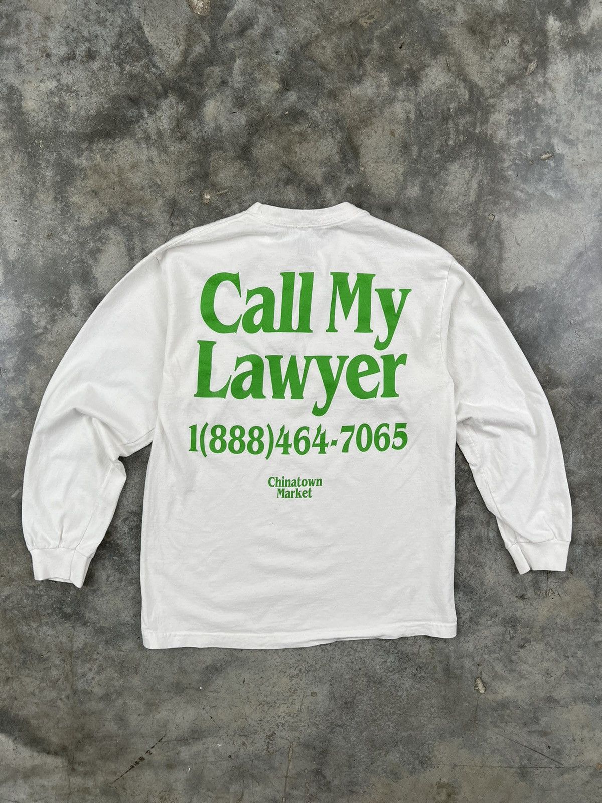 image of Chinatown Market Call My Lawyer White Logo Tee Long Sleeve, Men's (Size Medium)