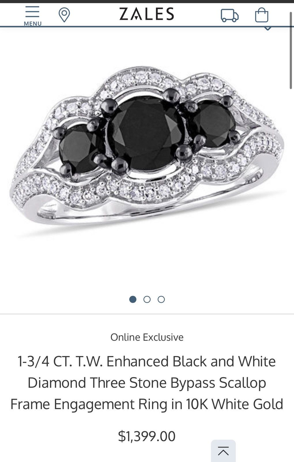 Black Diamond Three Stone Engagement Ring 10K White Gold