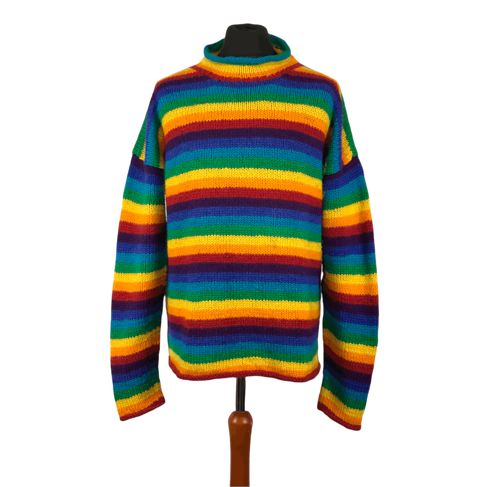 Handmade Vintage 90s Rainbow Handknit Turtleneck Nepal Sweater Size US L / EU 52-54 / 3 - 1 Thumbnail