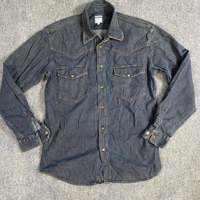 Vintage Moschino Mens Shirt M Black Denim Pearl Snap Vintage Made i ...