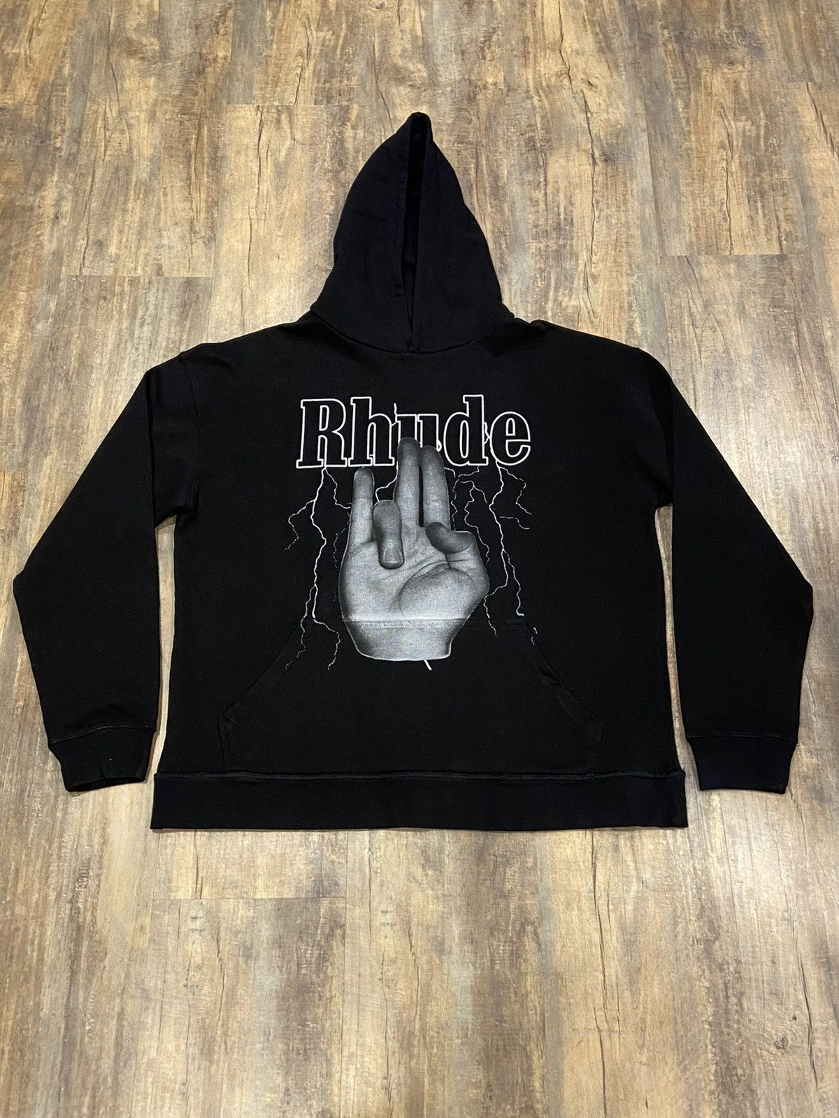 Rhude New Rhude Shocker Black Hoodie Lightning Hand Logo Grailed