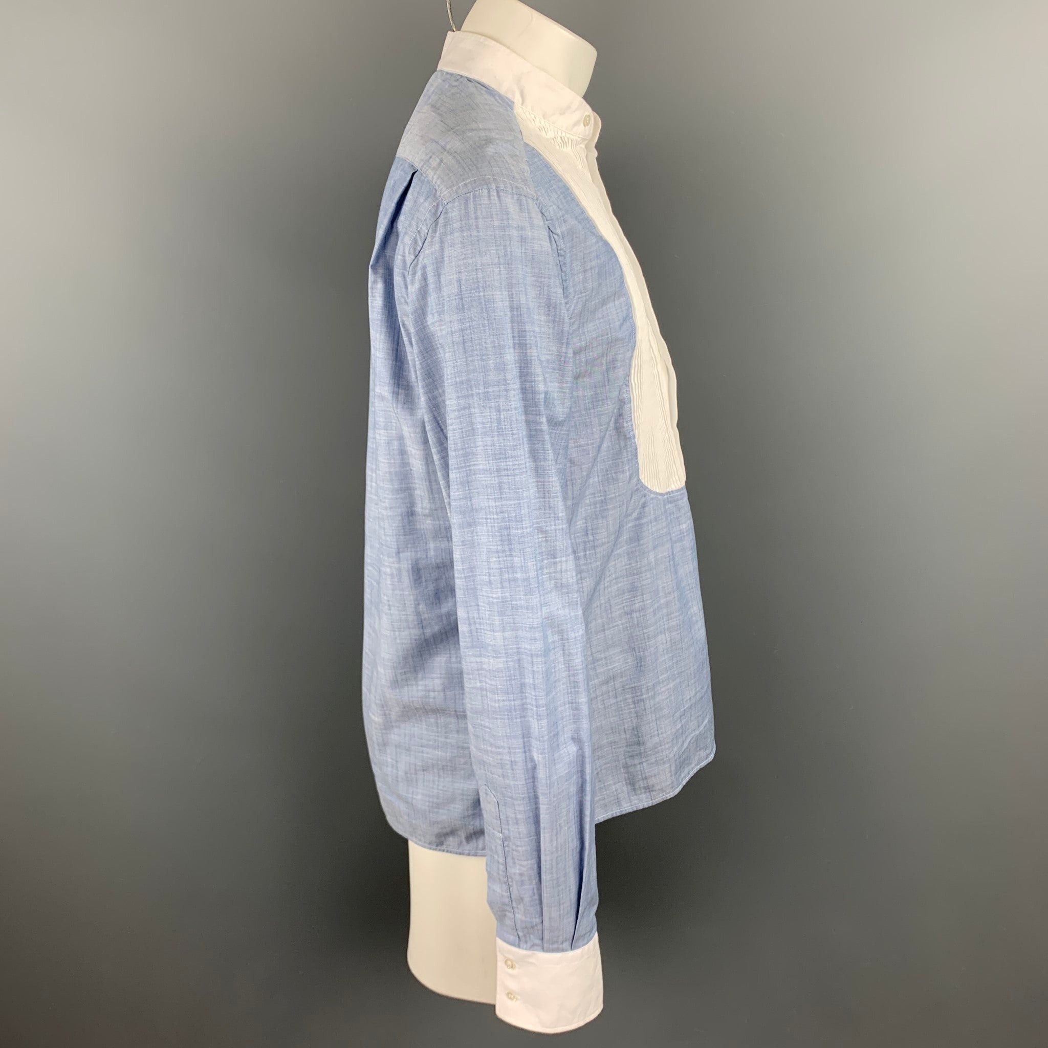 Michael Bastian Blue & White Pleated Cotton Long Sleeve Shirt Size US L / EU 52-54 / 3 - 3 Thumbnail