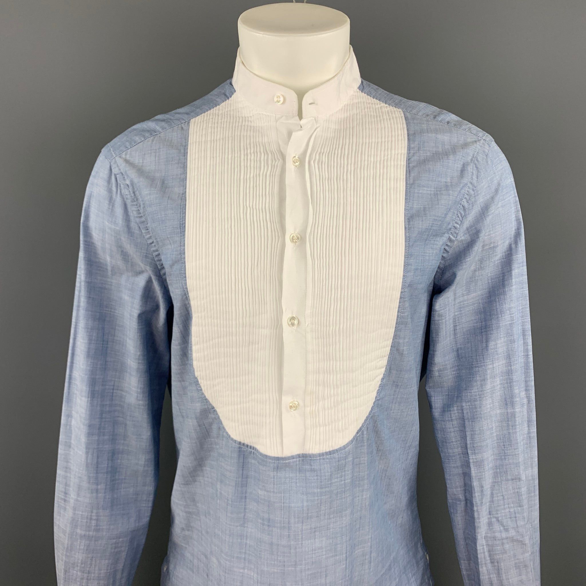 Michael Bastian Blue & White Pleated Cotton Long Sleeve Shirt Size US L / EU 52-54 / 3 - 2 Thumbnail