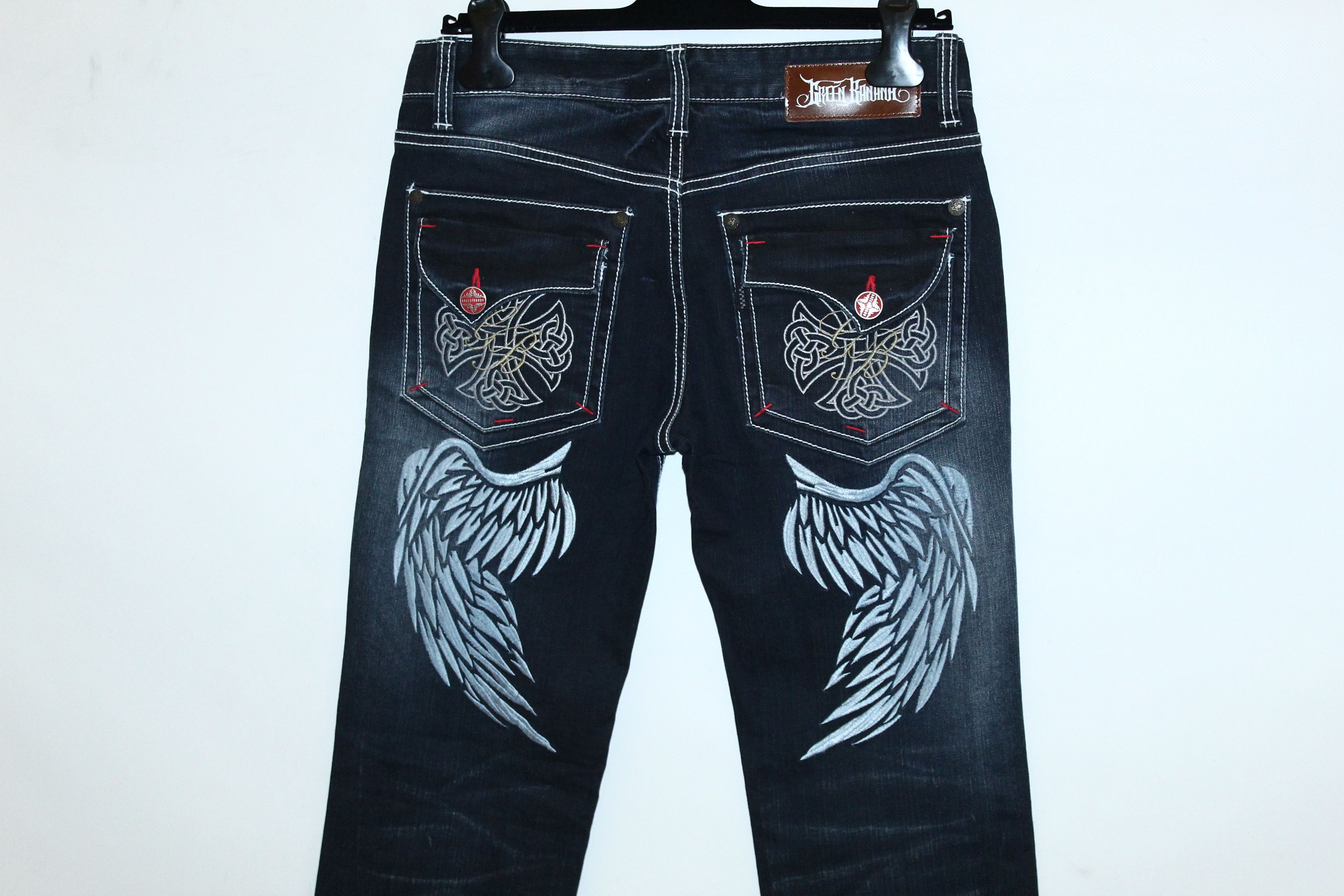 Affliction Y2K🔥Green Banana Wings Embroidery Faded Denim Jeans Size US 31 - 4 Thumbnail