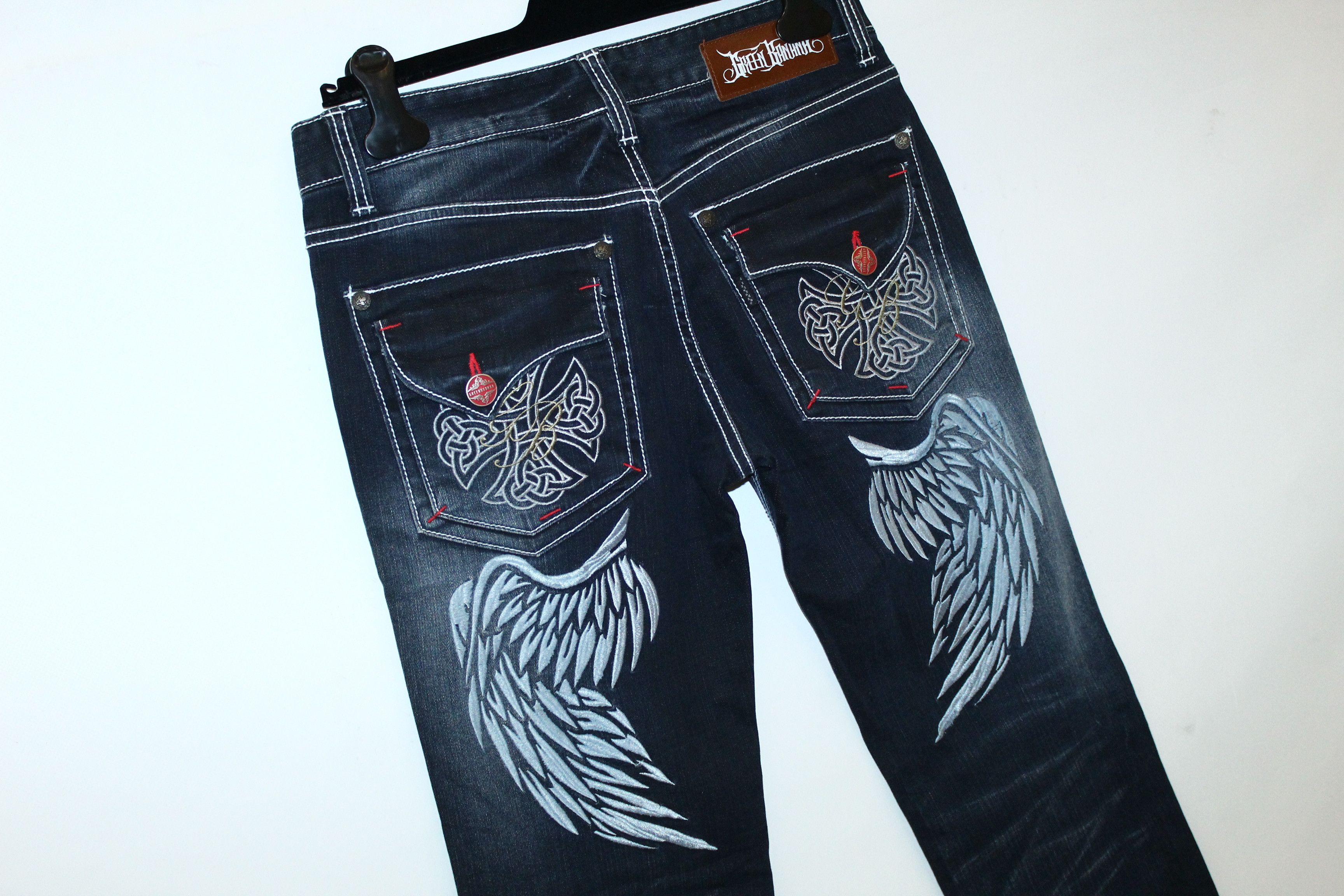 Affliction Y2K🔥Green Banana Wings Embroidery Faded Denim Jeans Size US 31 - 5 Thumbnail