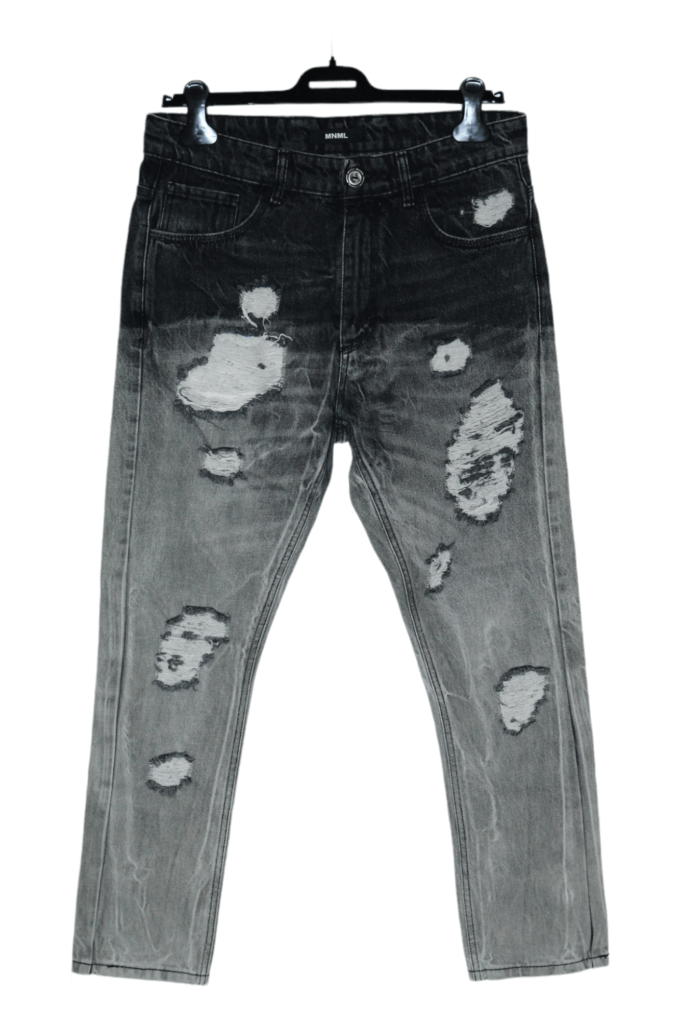 MNML Distress Gradient Fading Wash Denim Tapered Jeans