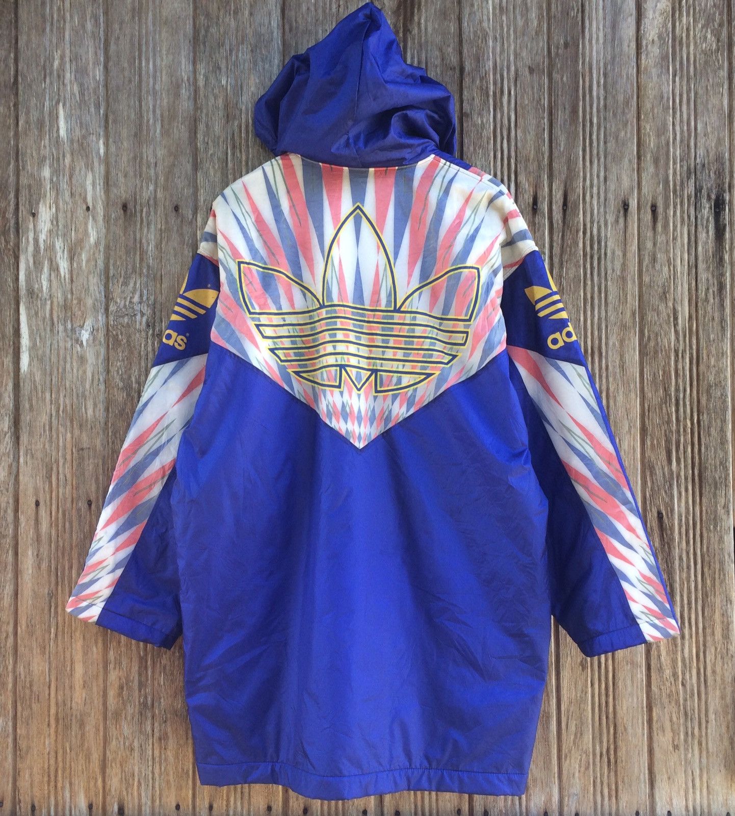 image of Vintage Adidas Big Logo Colourful Long Jacket in Blue, Men's (Size Large)