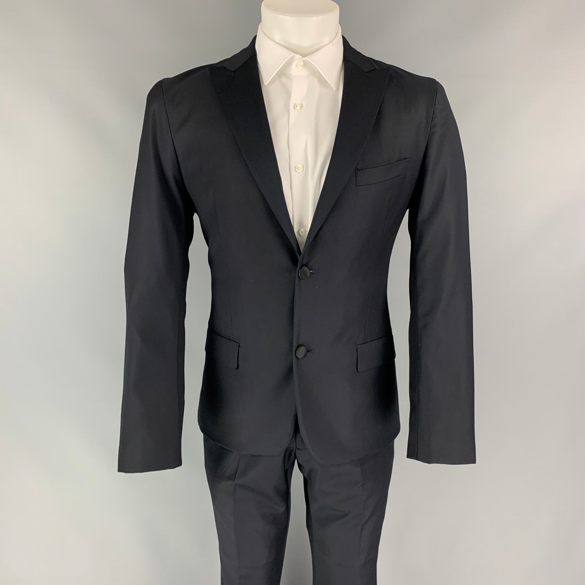 Calvin Klein Black Wool Peak Lapel Tuxedo Suit Size 38R - 1 Thumbnail