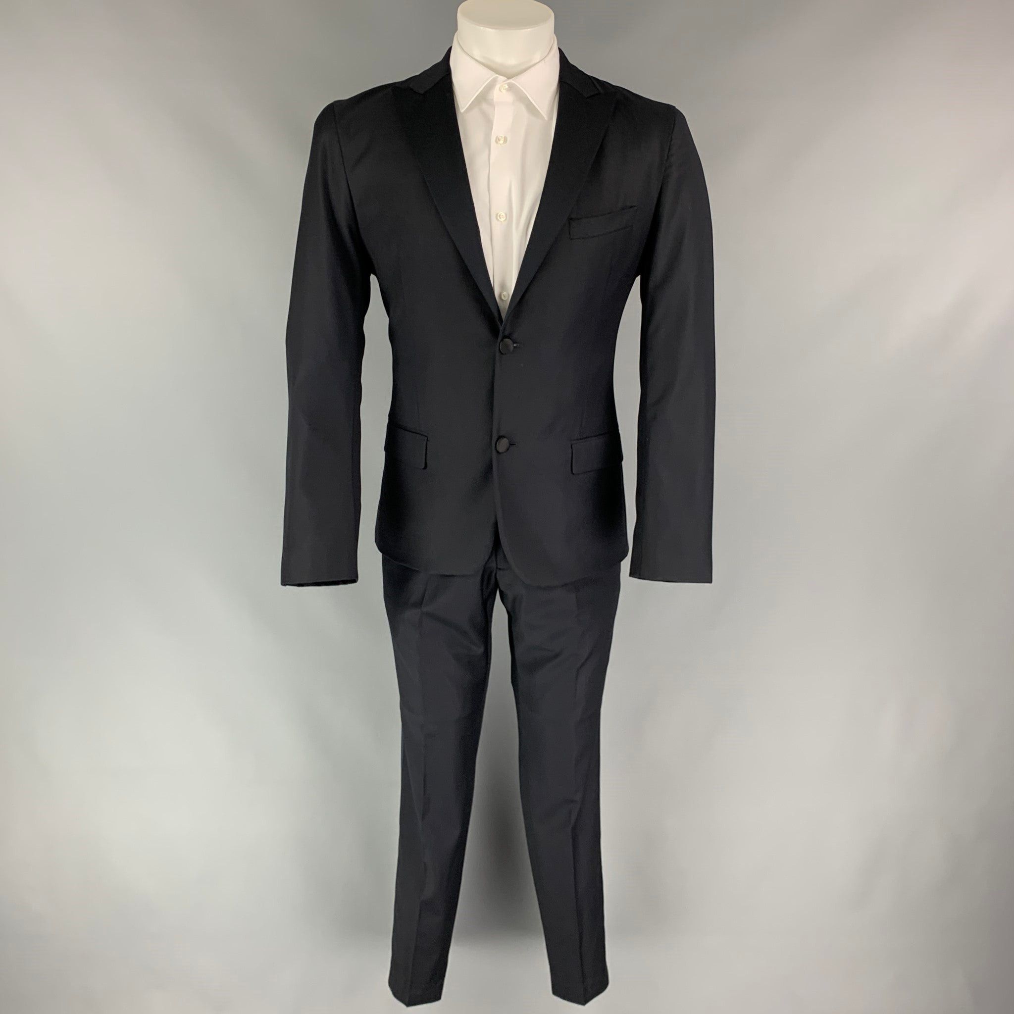 Calvin Klein Black Wool Peak Lapel Tuxedo Suit Size 38R - 2 Thumbnail
