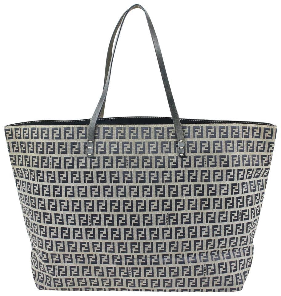 Fendi Navy x Grey Monogram FF Zucca Roll Shopper Tote Bag