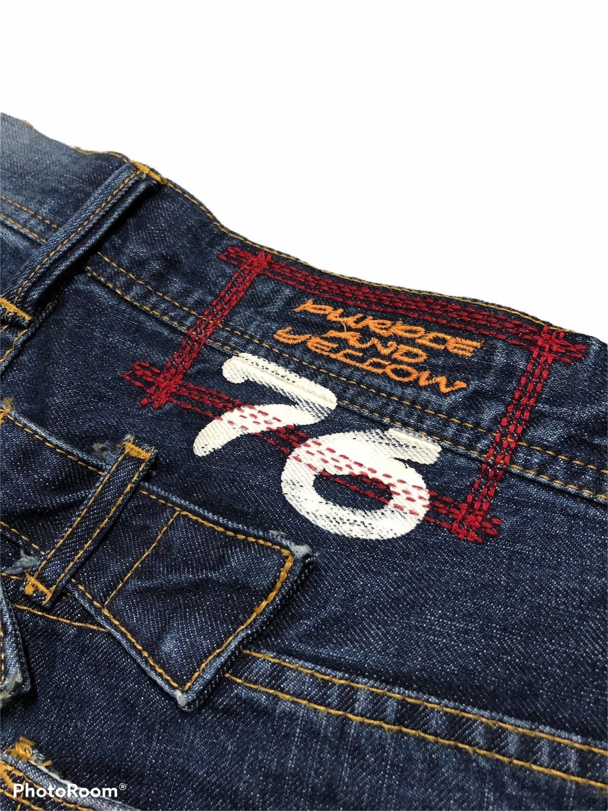 WIDE LEG PURPLE & YELLOW BUCKLE BACK DENIM