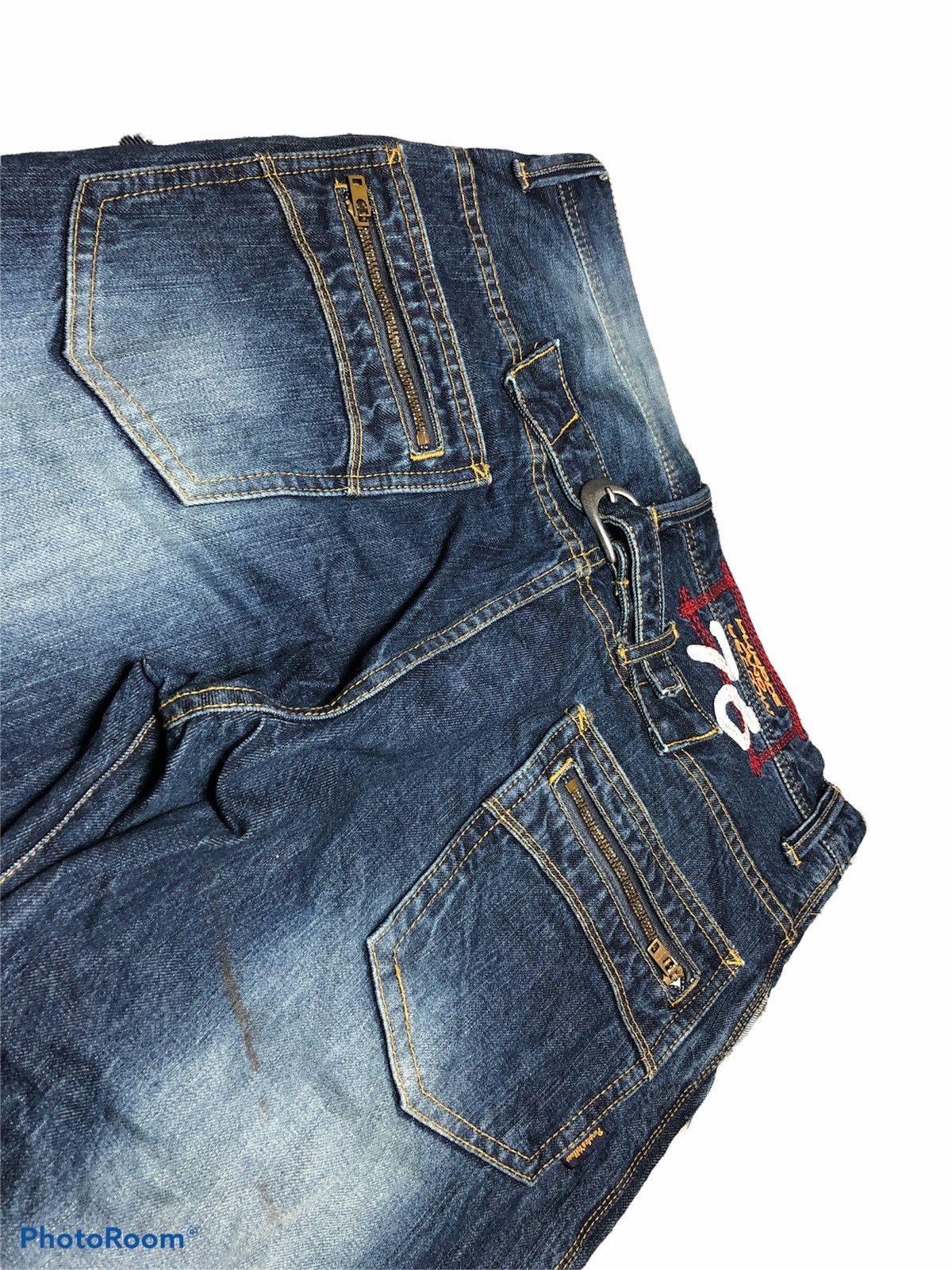 WIDE LEG PURPLE & YELLOW BUCKLE BACK DENIM