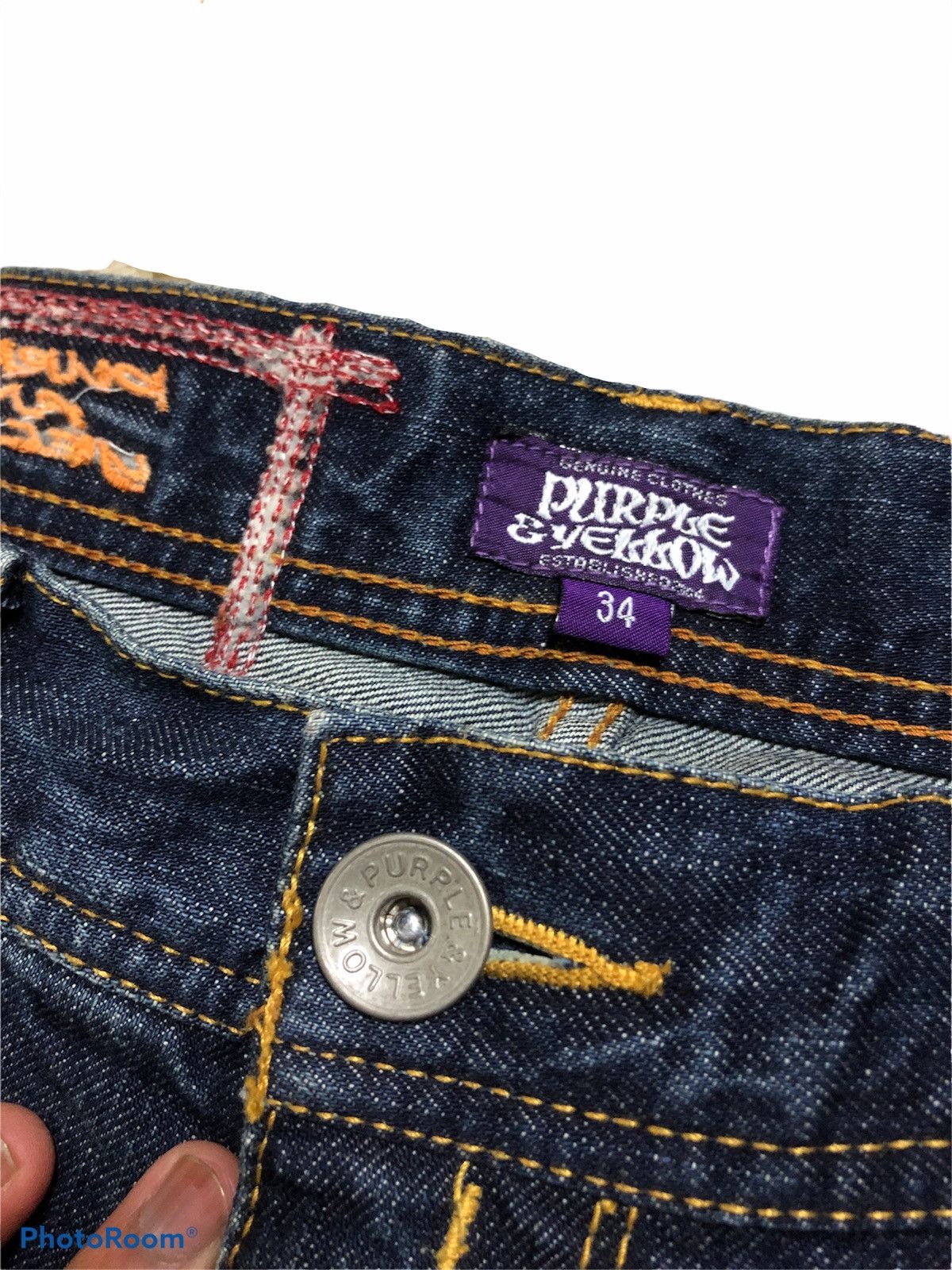 WIDE LEG PURPLE & YELLOW BUCKLE BACK DENIM