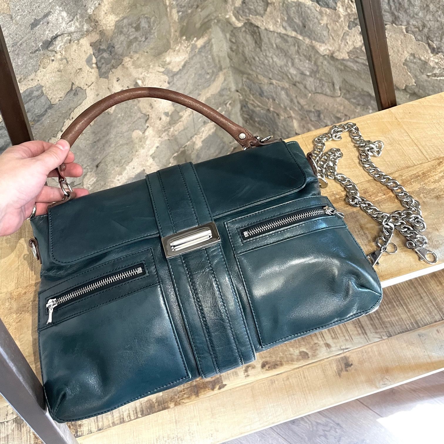 Lanvin Lanvin Teal Green Leather Medium Satchel Two-way Chain Bag Size ONE SIZE - 4 Thumbnail