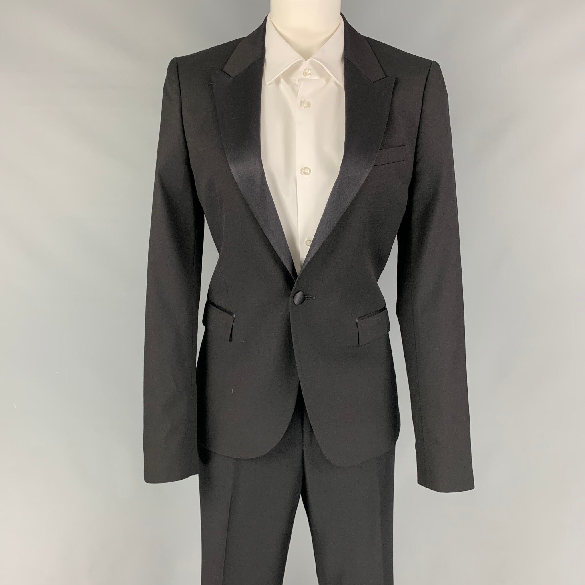 The Kooples Black Wool Peak Lapel Fitted Tuxedo Suit Size 36R - 1 Thumbnail