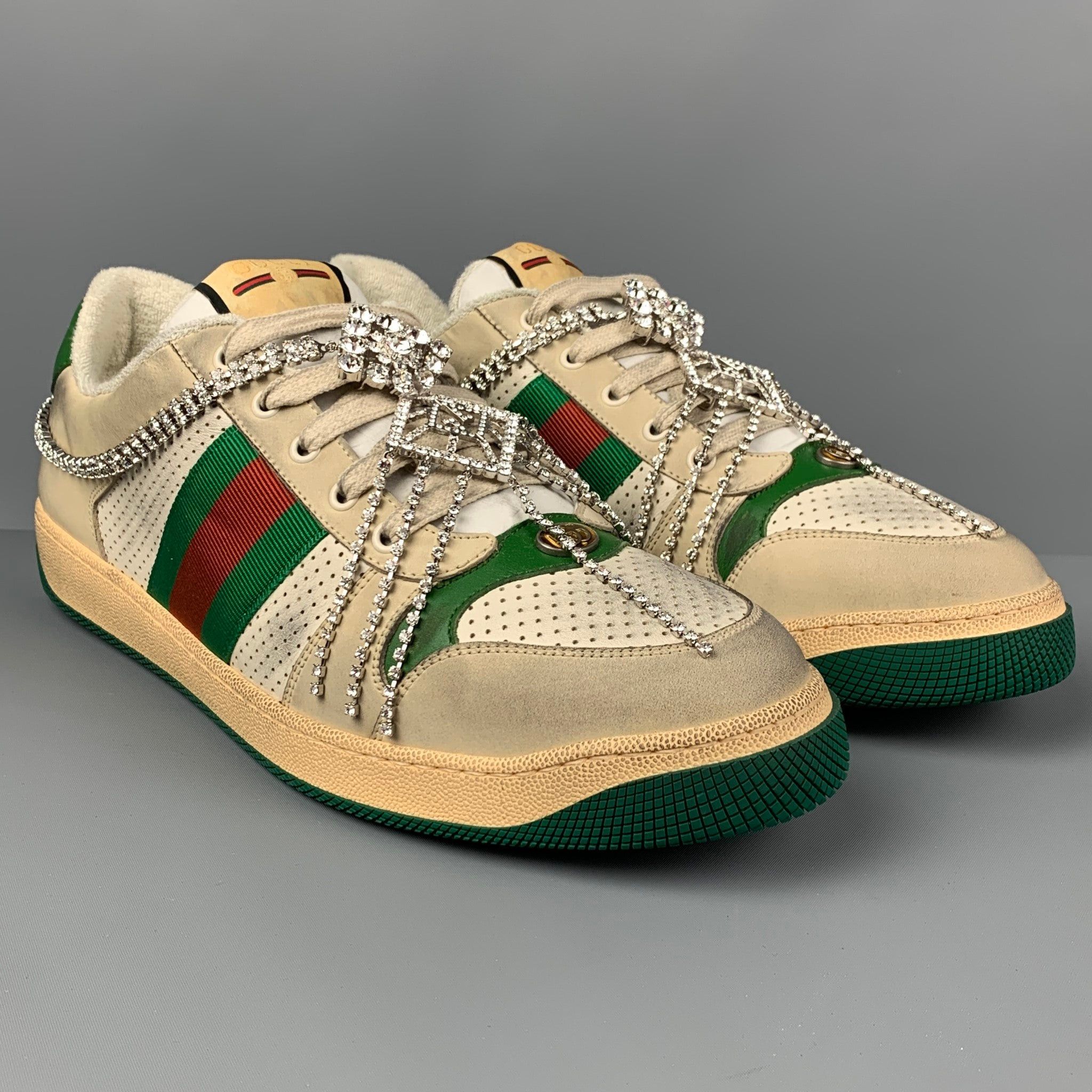 Gucci Off White Green Distressed Leather Crystal Screener Sneakers Size US 14 / EU 47 - 7 Thumbnail
