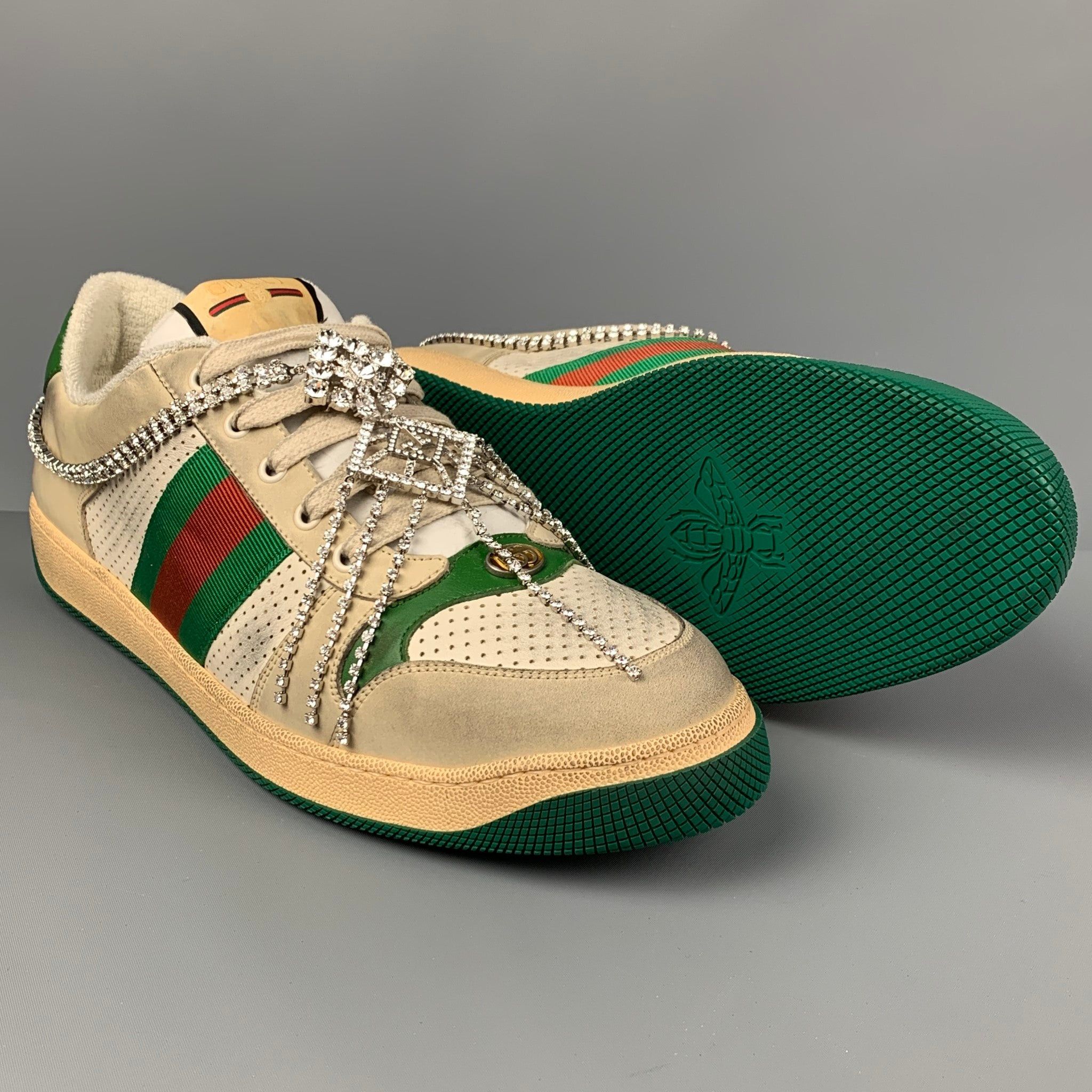 Gucci Off White Green Distressed Leather Crystal Screener Sneakers Size US 14 / EU 47 - 9 Thumbnail