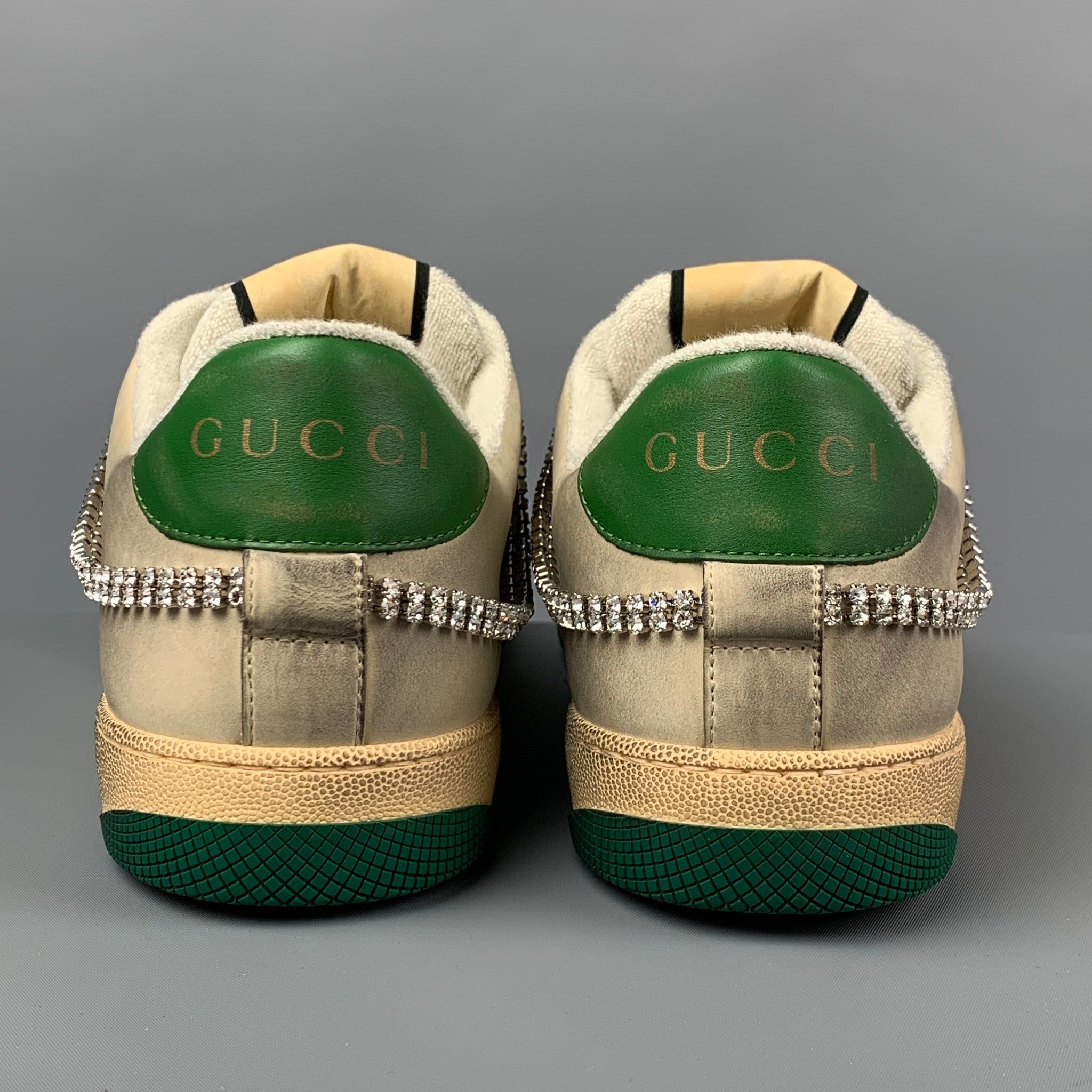 Gucci Off White Green Distressed Leather Crystal Screener Sneakers Size US 14 / EU 47 - 11 Thumbnail