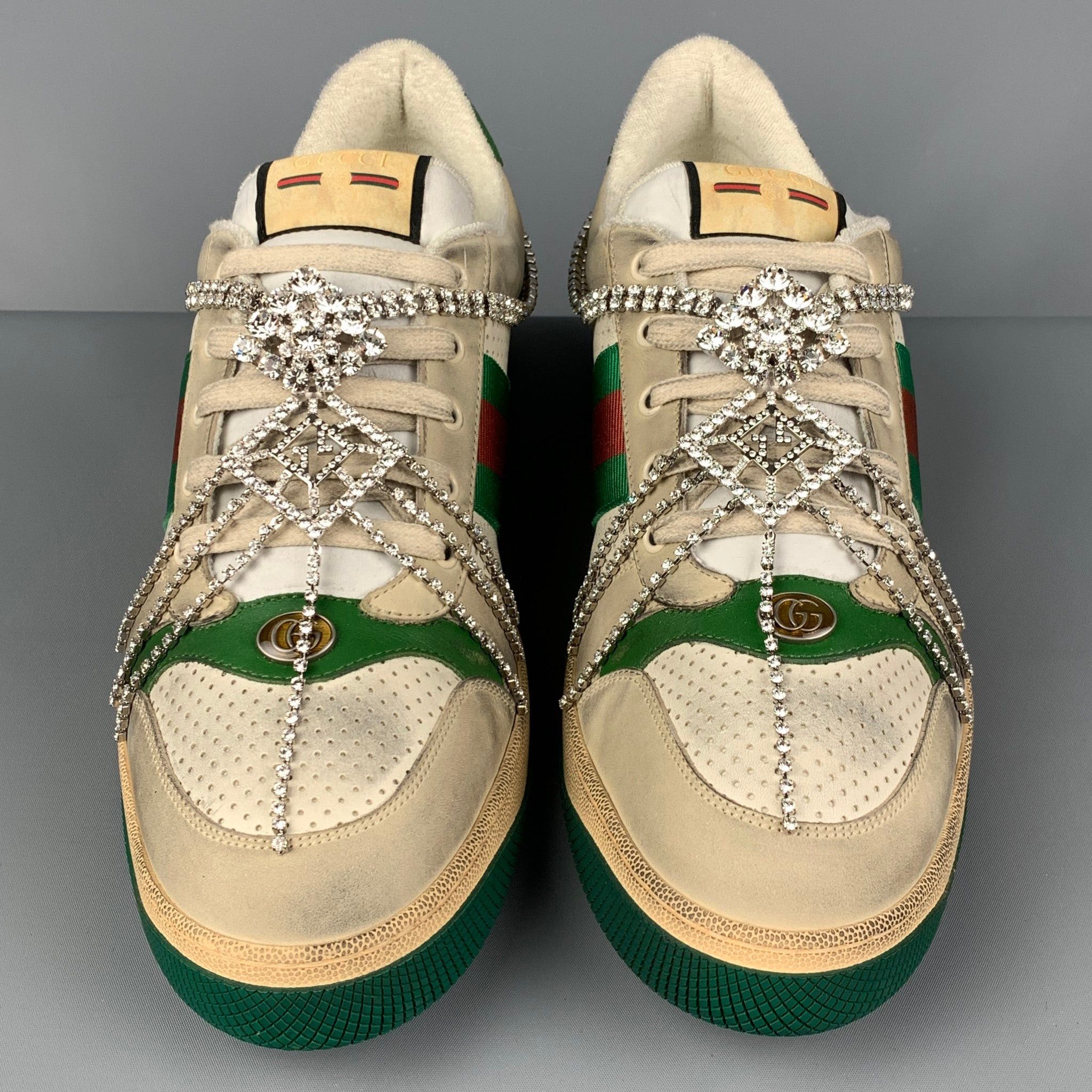 Gucci Off White Green Distressed Leather Crystal Screener Sneakers Size US 14 / EU 47 - 1 Thumbnail