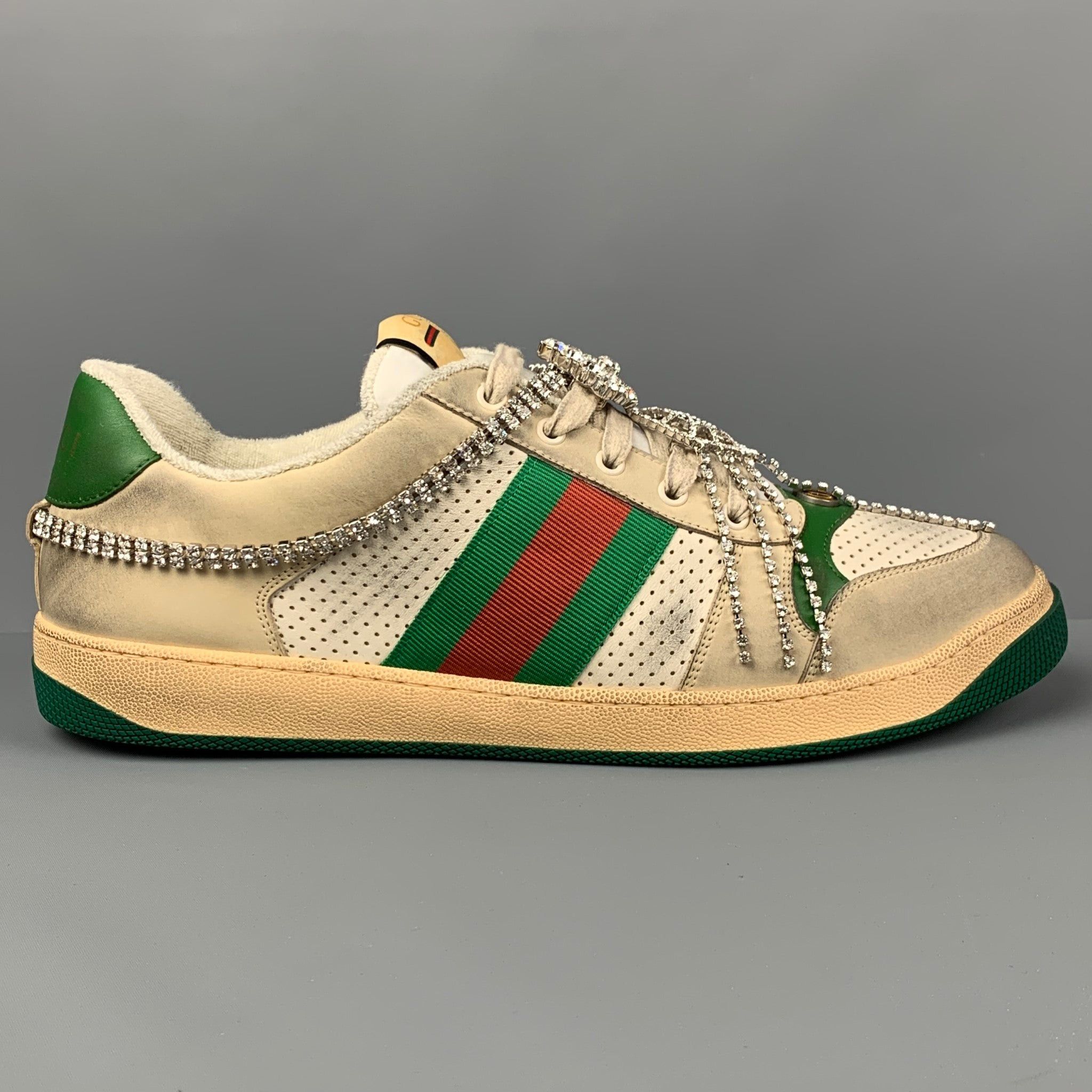 Gucci Off White Green Distressed Leather Crystal Screener Sneakers Size US 14 / EU 47 - 5 Thumbnail