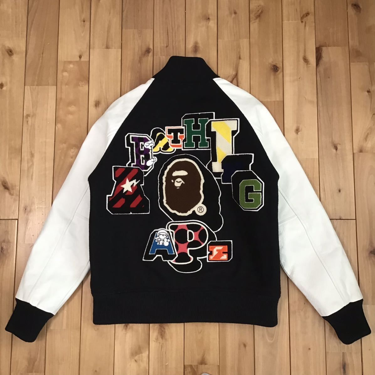Bape 🔥NFS limited🔥 Sleeve leather BAPE LOGO varsity jacket | Grailed