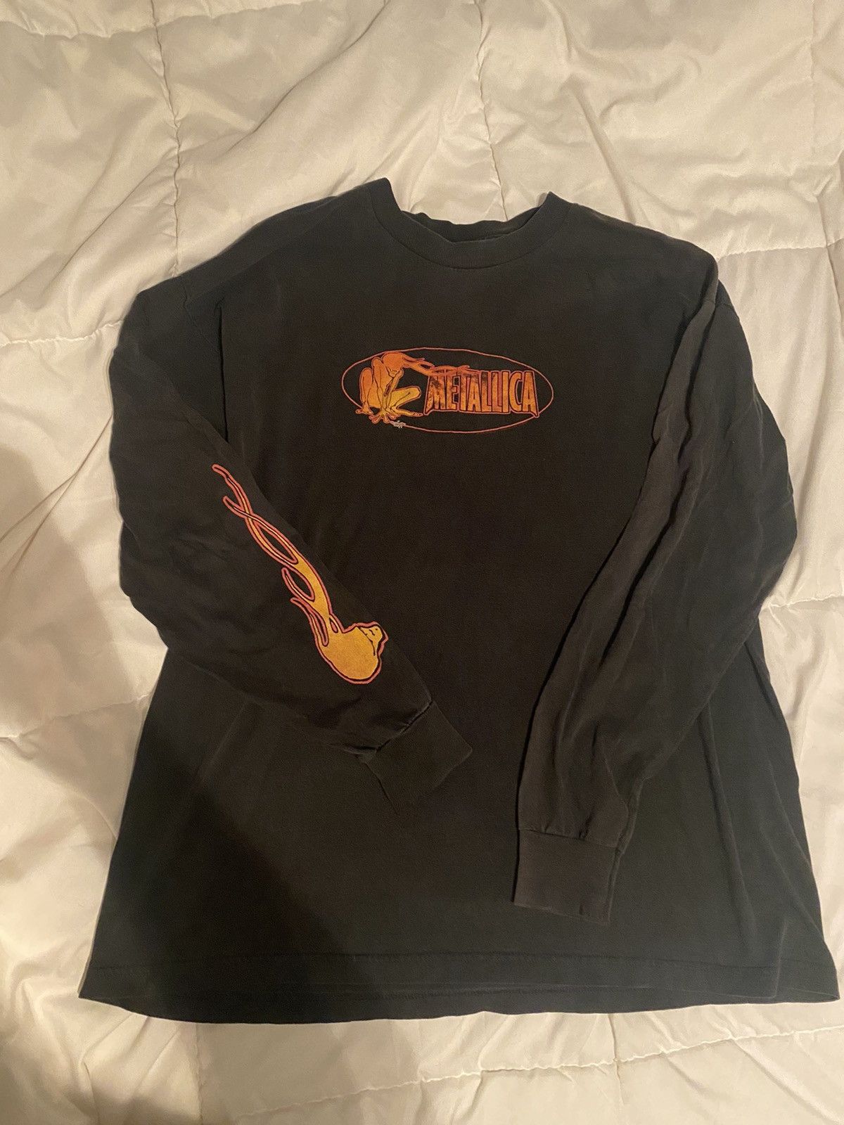 90'S Anvil Clutch Fire Pattern Long Sleeve Band T-Shirt, Made in USA, Men's Size XL, Vintage cotton navy blue type Vintage Second Hand