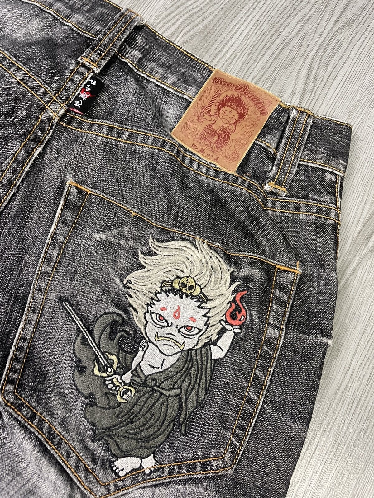 Japanese Brand Nippon Blue Japan Art Raijin Distressed Denim Size US 31 - 12 Thumbnail
